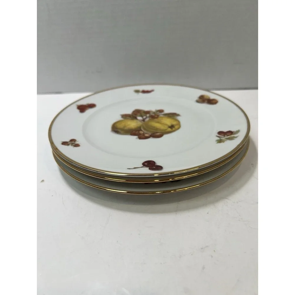 Vintage JKW Bavaria Germany Porcelain Set of 3 Fruit Design Plates Gold Rim